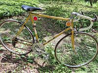 Full left-side view of gold La Francaise Diamant road bicycle showing frame, wheels, drivetrain and reflectors