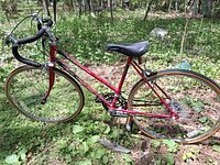 Left side view of entire red Murray Eliminator bicycle