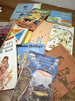 Overhead view of entire pile of vintage children’s books and magazines