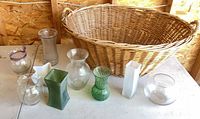 Group shot showing wicker basket and all glass items
