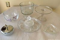 Group shot of all six pressed glass items