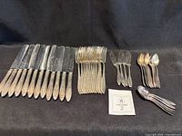 Group shot of dinner knives, forks, spreaders, teaspoons, demitasse spoons
