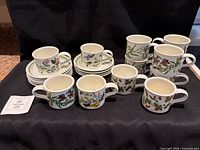 Front view of stacked saucers and cups displaying floral designs