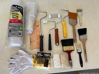 Lot overview with brushes, roller frames, roller sleeves, drop sheet, gloves, stir sticks