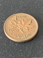 Close-up of 1957 Canada 1 cent coin reverse