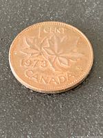 Reverse of 1973 Canadian one-cent coin showing maple leaves and date