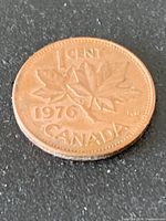 Reverse of 1976 Canadian 1-cent coin showing date, maple leaves, denomination