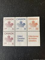 Front view showing four stamps and two labels