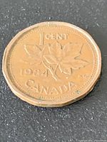 Reverse of 1984 Canadian one-cent coin showing denomination and maple leaf design