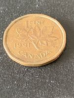 Reverse of 1991 Canada 1-cent coin with Maple Leaf design