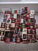 Overhead view of entire lot showing numerous boxed ornaments stacked