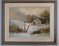 Full view of framed winter landscape painting