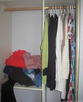 Closet section with garments on hangers and folded pants