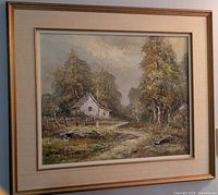 full view of framed painting showing scene and frame