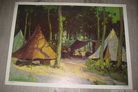 Full view of print depicting tents in forest