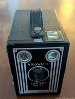 Front view showing Brownie Target Six-20 faceplate with twin viewfinder lenses