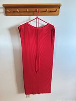 Full view of red pleated dress hanging