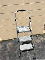 Full view showing three steps, handle, and aluminum construction