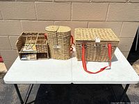Front view of all three wicker pieces on table