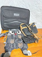 Front view of all three items together: NEXL laptop sleeve, Coach purse, owl wristlet