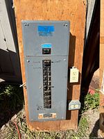 Full view of grey panel on plywood with two duplex outlets