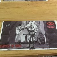 Card showing muscular character running toward camera, Doomed to Thaw subtitle