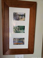 full view of framed art showing wood frame, mat and three prints