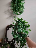 Front view showing wood frame, mirror, artificial foliage