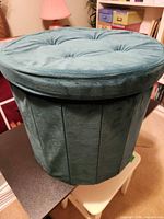 Overall view of teal velvet round storage ottoman with lid on