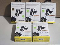 Front view of five boxed Scosche BTFREQ kits
