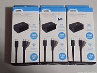 Front view of three boxed Logiix Essential Charging Kits