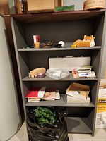 Full view of gray bookcase with shelves and contents