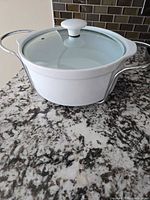 casserole with lid seated in metal stand on countertop