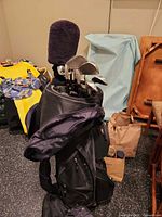 Full view of golf bag with clubs and headcover