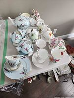 Overview of mixed porcelain tea set on table