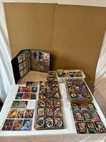 overview of binder, laid-out cards and plastic bin on table