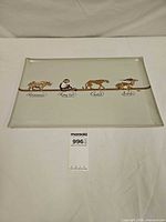 Front view of Con Cora glass tray with animal illustrations and labels