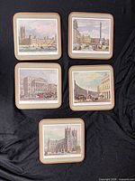 Five square Pimpernel cork coasters with London landmark illustrations