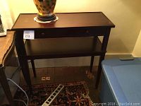 Full view of the Levanger side table showing two drawers and lower shelf