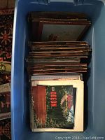 Blue plastic bin filled with classical vinyl records showing spines and partial album covers including one titled 'Odeon'