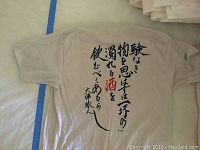 Light colored large t-shirt showing Japanese calligraphy and text on the back, copyright 1983