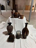 Group shot showing all eight decorative items arranged on cloth