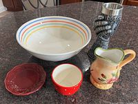 Group shot of all five items: bowl, creamer, goblet, saucer, ramekin