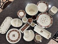 Overview of entire Mission Flower stoneware group on countertop