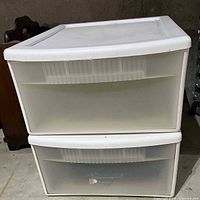 Front view of Sterilite plastic storage unit showing two translucent drawers