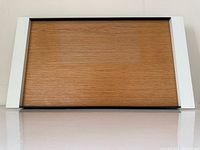 Top view of tray showing wood base and white aluminum handles