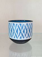 Full view of planter showing blue diamond pattern and black base