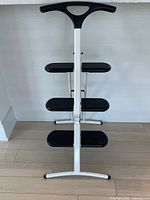 front view of white metal ladder with three black steps and top handle