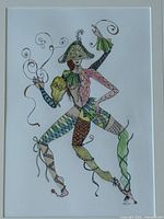 Close view of artwork showing harlequin figure and colouring