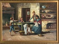 full view of framed painting showing interior scene and attached picture light